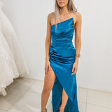 Teal satin A symmetric pointy neckline mermaid with high slit.
