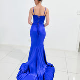 Royal blue satin column shaped dress with v neckline