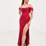 Dark Red Satin column dress with off the shoulder and high slit
