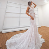 hidden bustier cups blush mermaid dress with long train for hire