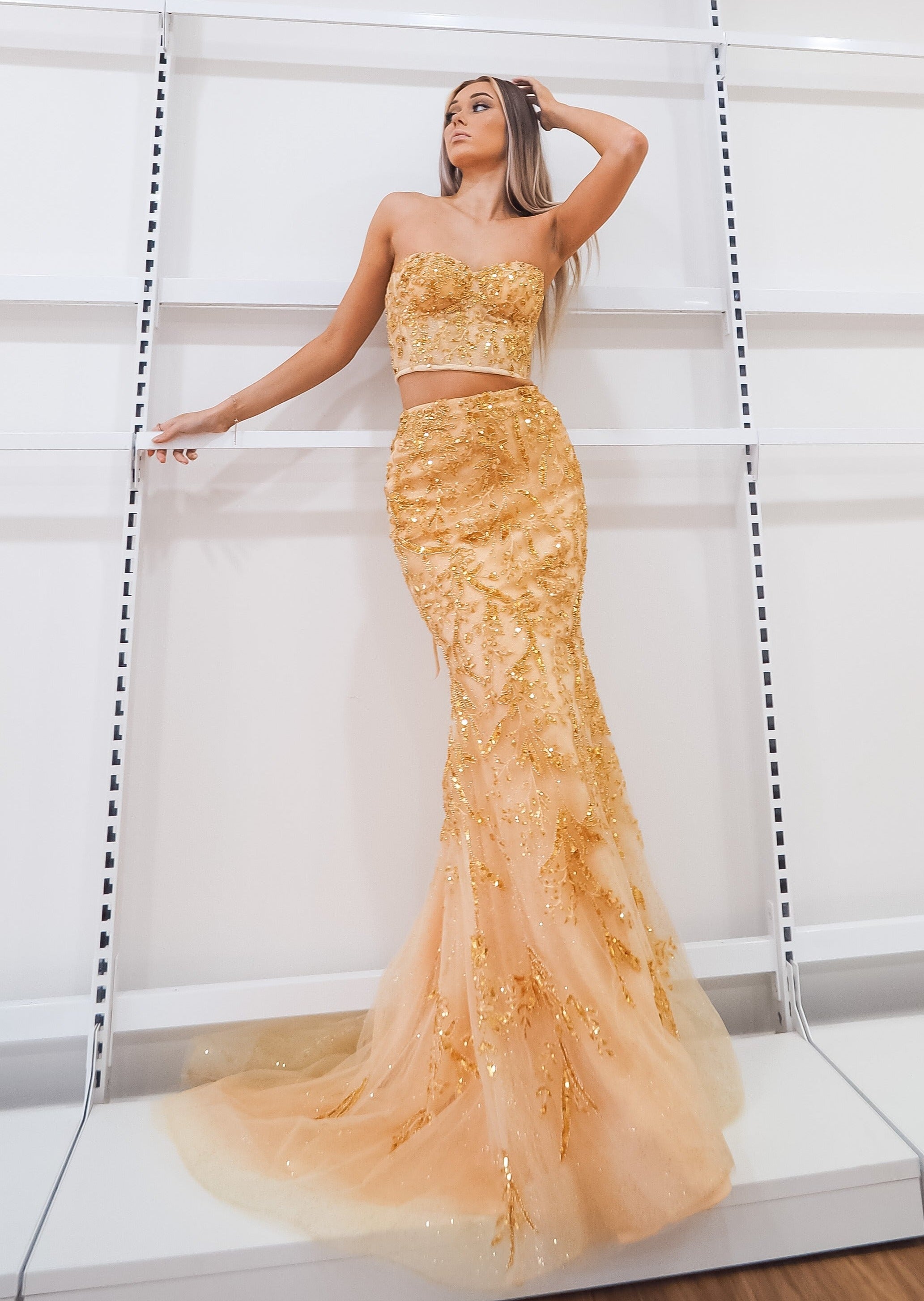 Sparkling gold bustier two piece mermaid dress for hire Destiny Chic Sparkling gold bustier two piece mermaid dress for hire Destiny Chic