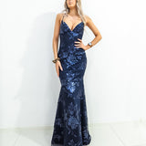 Navy Blue Sparkling lace criss-cross back mermaid dress (old style)