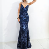 Navy Blue Sparkling lace criss-cross back mermaid dress (old style)