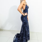 Navy Blue Sparkling lace criss-cross back mermaid dress (old style)