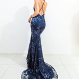 Navy Blue Sparkling lace criss-cross back mermaid dress (old style)