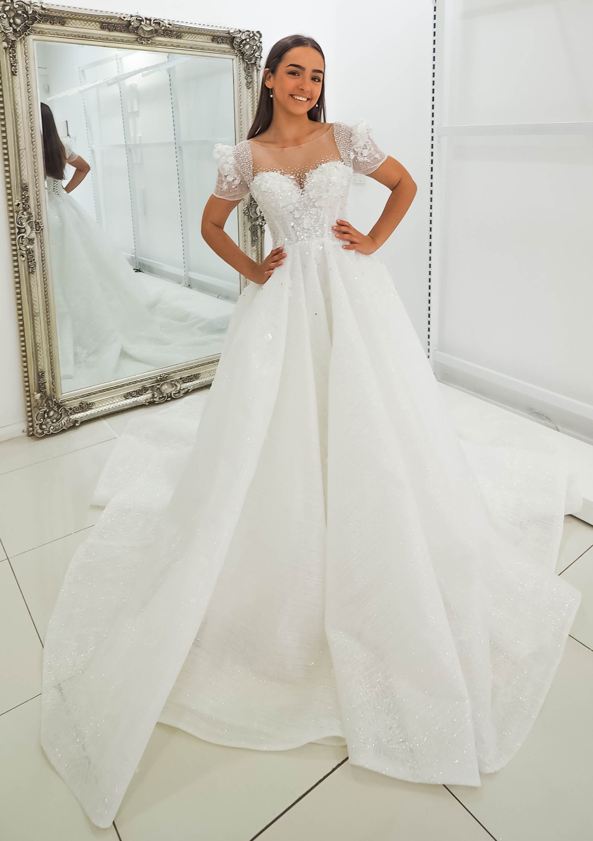 White Flowery lace with 3D flowers Wedding Dress with short shoulder s