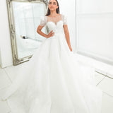 White Flowery lace with 3D flowers Wedding Dress with short shoulder sleeves