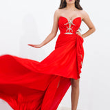 Daphne bright red deep Vneck strapless draped satin dress