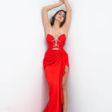 Daphne bright red deep Vneck strapless draped satin dress