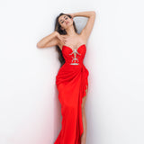 Daphne bright red deep Vneck strapless draped satin dress