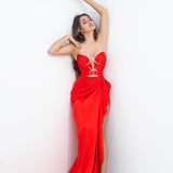 Daphne bright red deep Vneck strapless draped satin dress