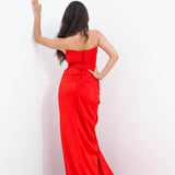 Daphne bright red deep Vneck strapless draped satin dress