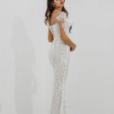 Bustier cups sparkling white lace mermaid dress with sleeves for hire