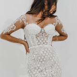 Bustier cups sparkling white lace mermaid dress with sleeves for hire