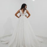 Sparkling white V neck wedding dress with open back for hire