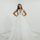 Sparkling white V neck wedding dress with open back for hire