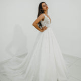 Sparkling white V neck wedding dress with open back for hire