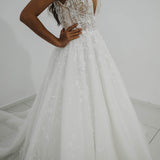 Sparkling white V neck wedding dress with open back for hire