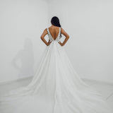 Sparkling white V neck wedding dress with open back for hire