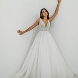 Sparkling white V neck wedding dress with open back for hire