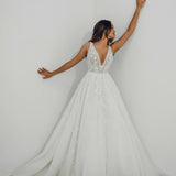 Sparkling white V neck wedding dress with open back for hire