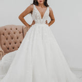 Sparkling white V neck wedding dress with open back for hire