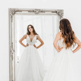 Sparkling white V neck wedding dress with open back