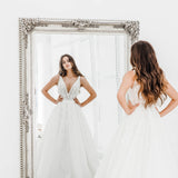 Sparkling white V neck wedding dress with open back for hire