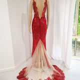 Dark red hand beaded lace mermaid dress