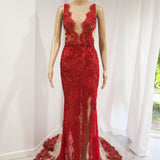 Dark red hand beaded lace mermaid dress