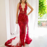 Dark red hand beaded lace mermaid dress
