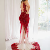 Dark red hand beaded lace mermaid dress
