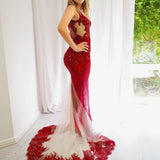 Dark red hand beaded lace mermaid dress