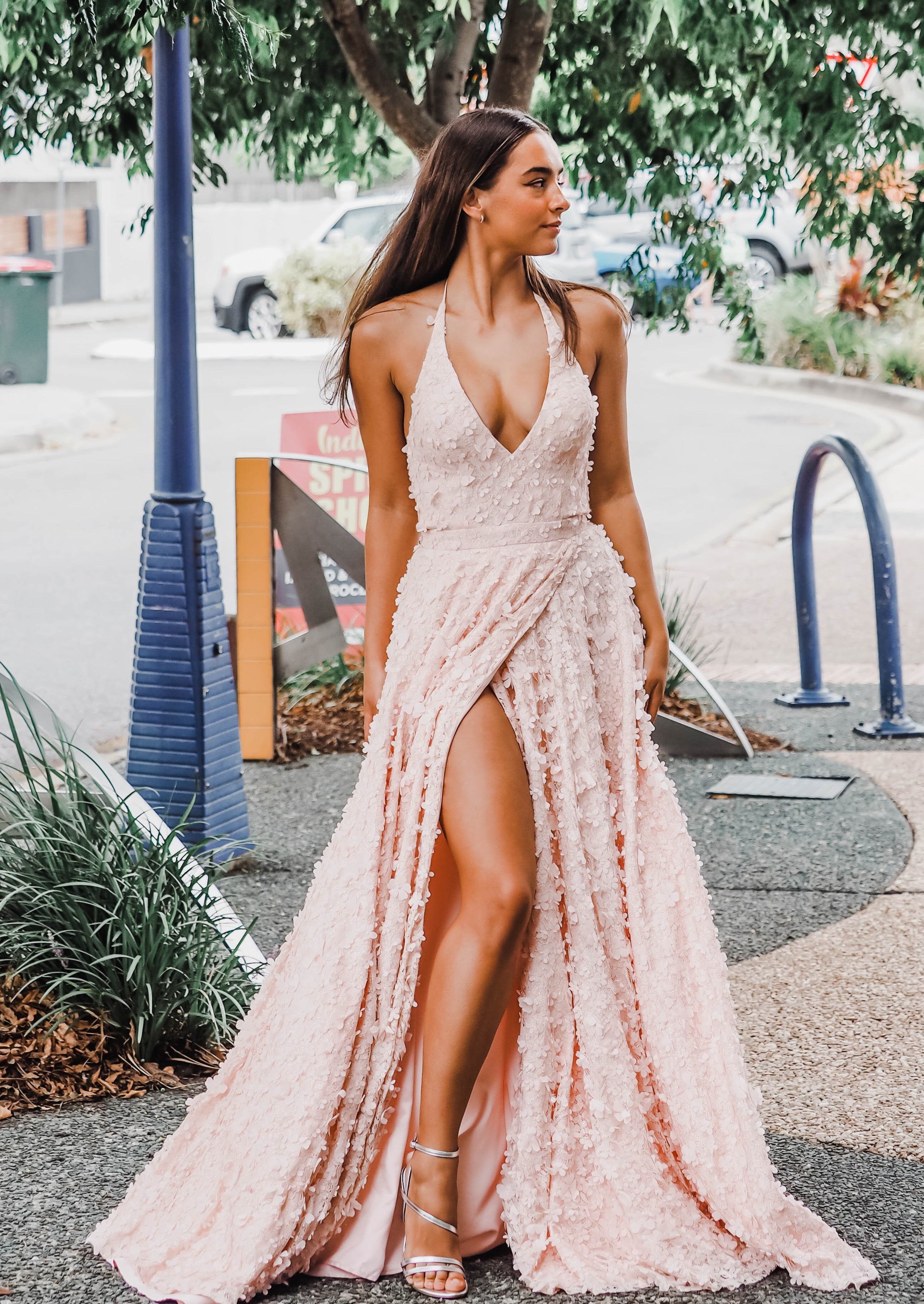 Pastel pink with deep v cut halter neck with 3D flowers and hidden sli Pastel pink with deep v cut halter neck with 3D flowers and hidden sli