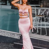 Baby pink satin two piece dress for hire