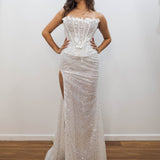 Sparkling white sequence and beading all over column dress with 3D flowers for hire