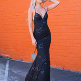 Black sparkling sequin lace dress with V neck and crisscross back