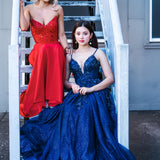 Red beaded lace V neck mermaid dress