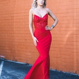 Red beaded lace V neck mermaid dress
