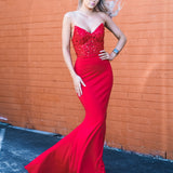 Red beaded lace V neck mermaid dress