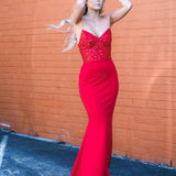 Red beaded lace V neck mermaid dress