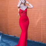 Red beaded lace V neck mermaid dress