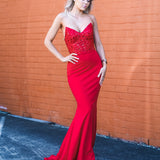 Red beaded lace V neck mermaid dress
