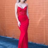 Red beaded lace V neck mermaid dress