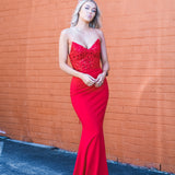 Red beaded lace V neck mermaid dress