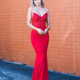 Red beaded lace V neck mermaid dress