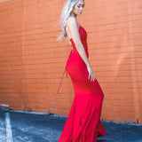 Red beaded lace V neck mermaid dress