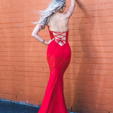 Red beaded lace V neck mermaid dress