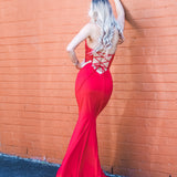 Red beaded lace V neck mermaid dress