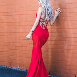 Red beaded lace V neck mermaid dress
